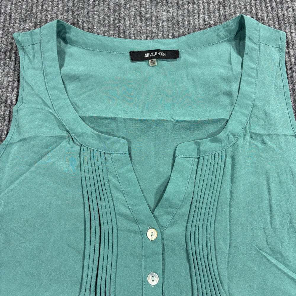41Hawthorn Sleeveless‎ Blouse Womens M Teal Green Pintuck Pleated Split Neck